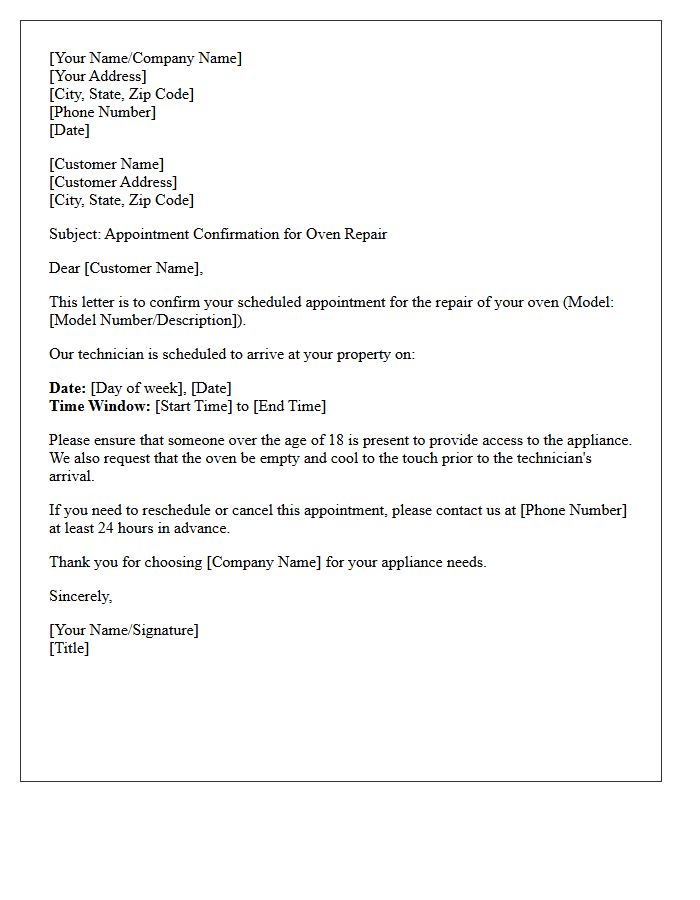Oven Repair Schedule Letter