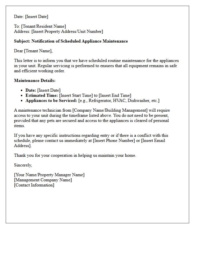 Scheduled Appliance Maintenance Notification Letter