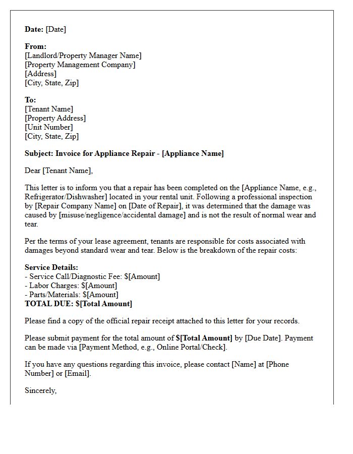 Tenant Damage Appliance Repair Invoice Letter