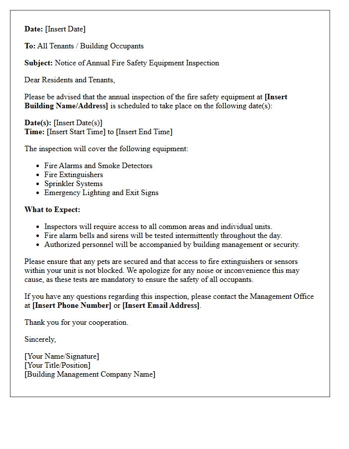 Annual Fire Safety Equipment Inspection Notification Letter