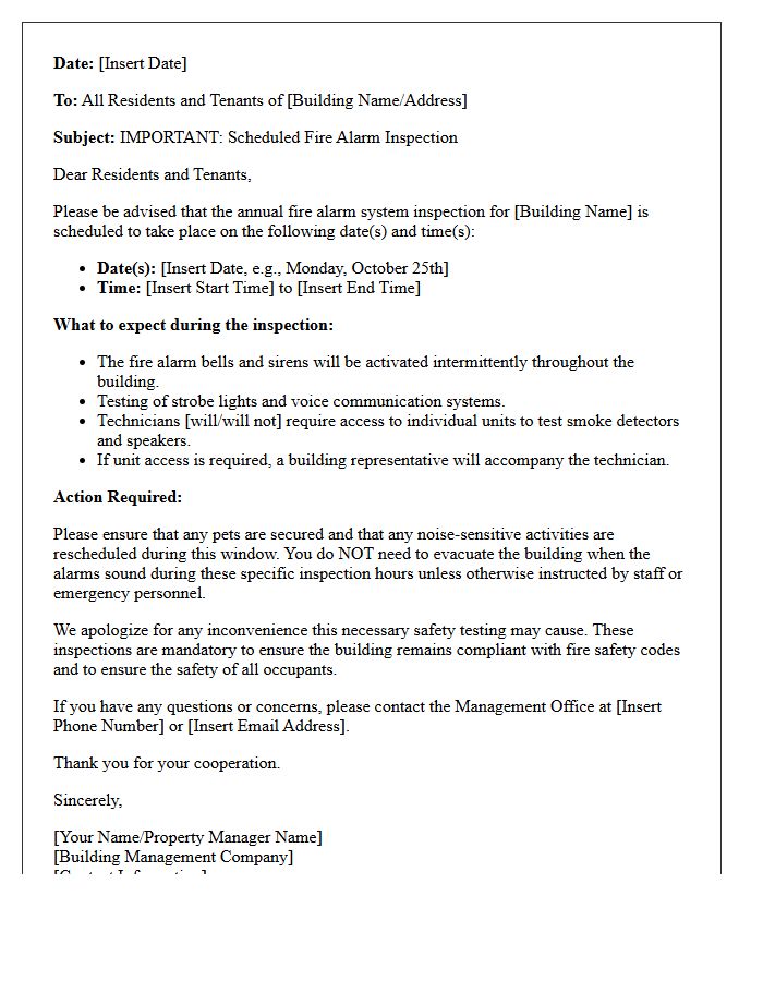 Building Fire Alarm Inspection Schedule Announcement Letter