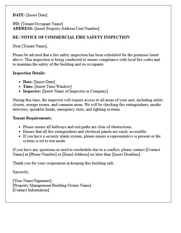 Commercial Property Fire Safety Inspection Notice Letter