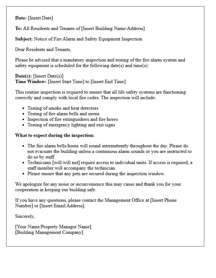 Fire Alarm and Safety Equipment Inspection Notice Letter
