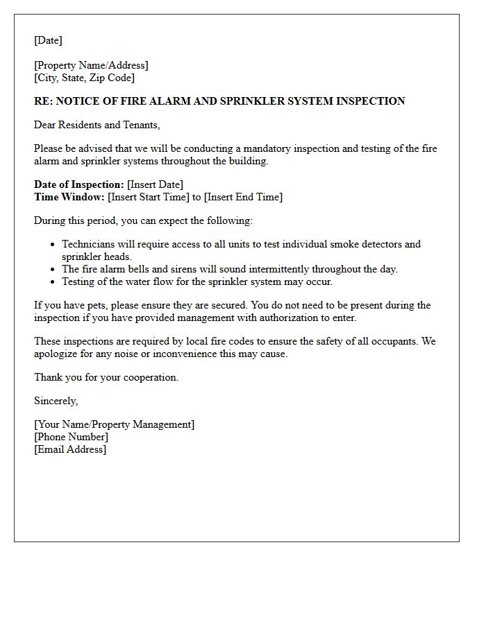 Fire Alarm and Sprinkler System Inspection Notice Letter