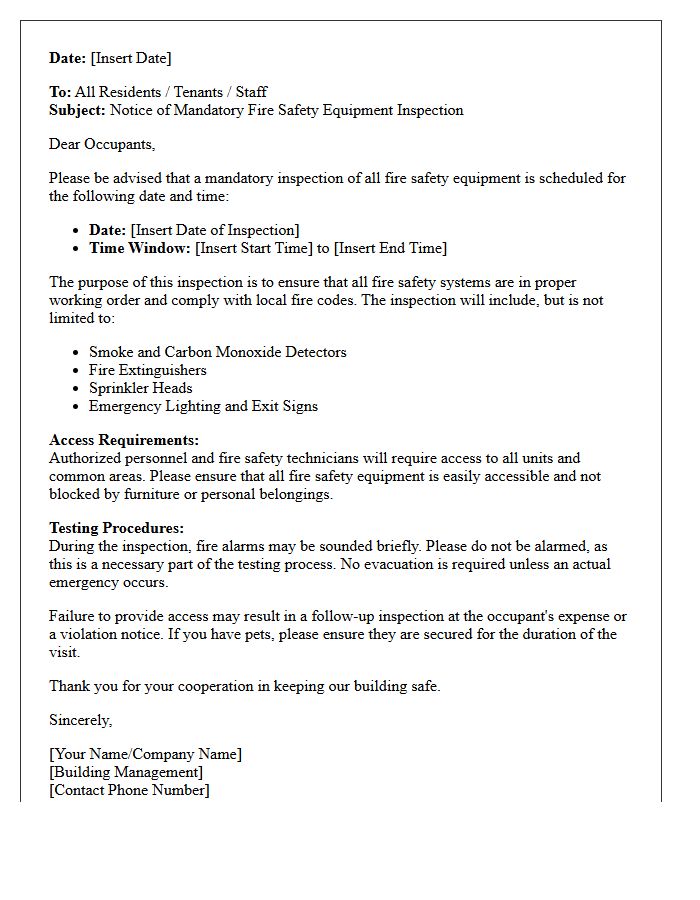Mandatory Fire Safety Equipment Inspection Notice Letter