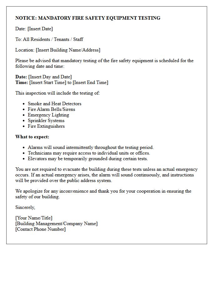 Notice Letter for Mandatory Fire Safety Equipment Testing