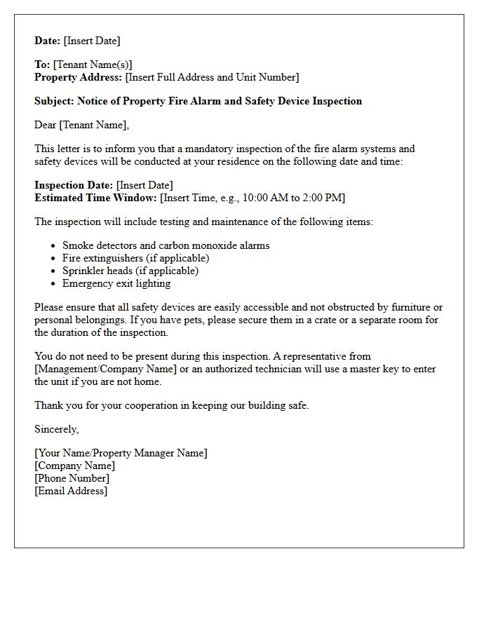 Property Fire Alarm and Safety Device Inspection Letter