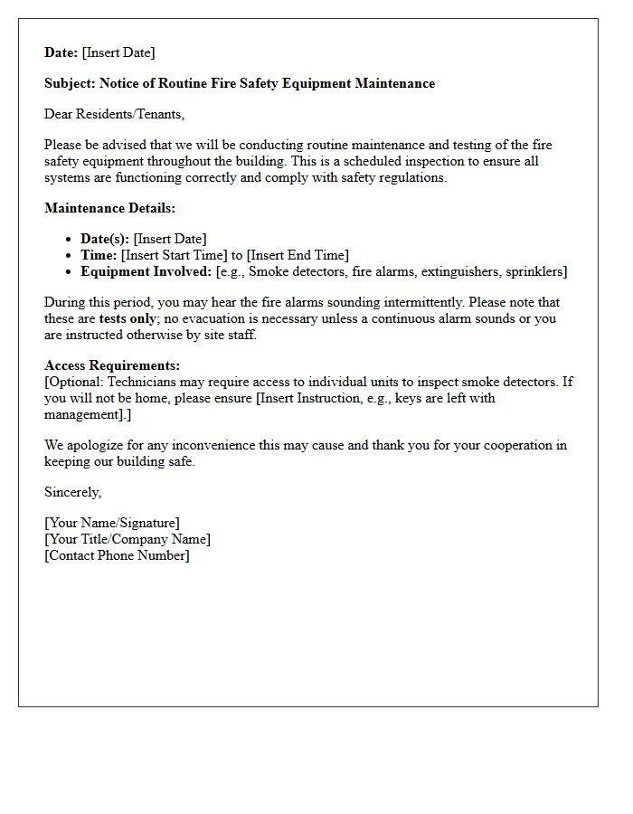 Routine Fire Safety Equipment Maintenance Notice Letter