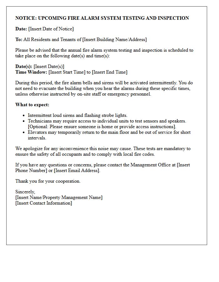 Upcoming Fire Alarm System Testing and Inspection Letter