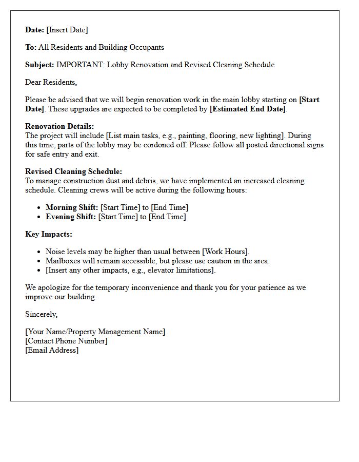 Letter Concerning Lobby Renovation and Cleaning Schedule