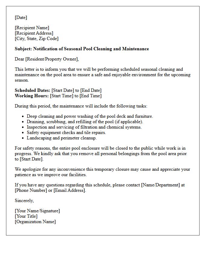 Letter Detailing Pool Area Seasonal Cleaning and Maintenance