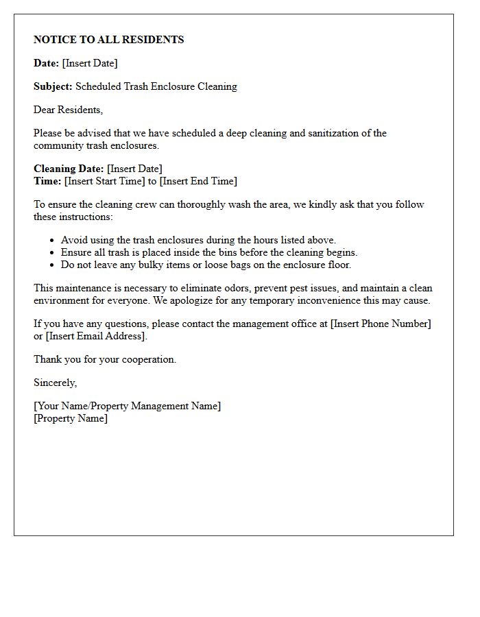 Letter Informing Residents of Trash Enclosure Cleaning