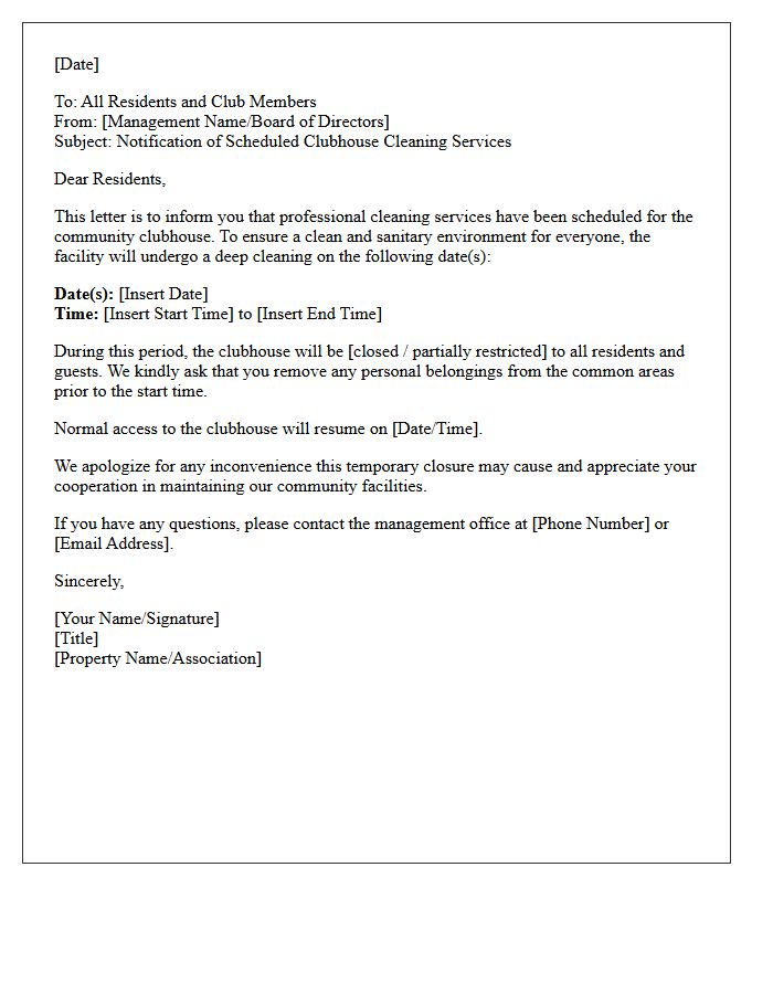 Letter of Notification for Clubhouse Cleaning Services