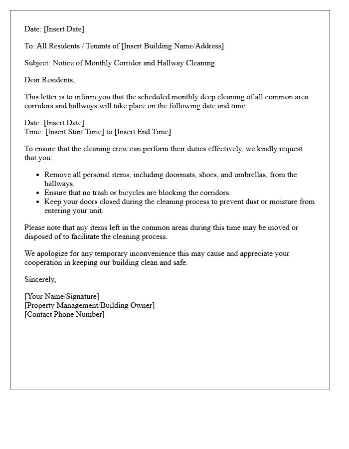 Letter Regarding Monthly Corridor and Hallway Cleaning