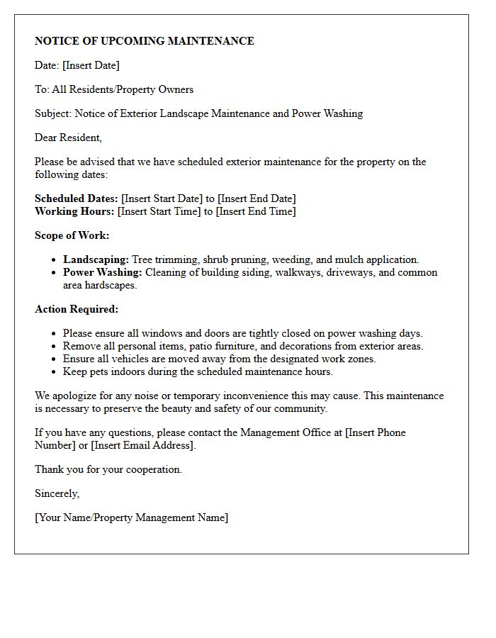 Notice of Exterior Landscape Maintenance and Power Washing Letter