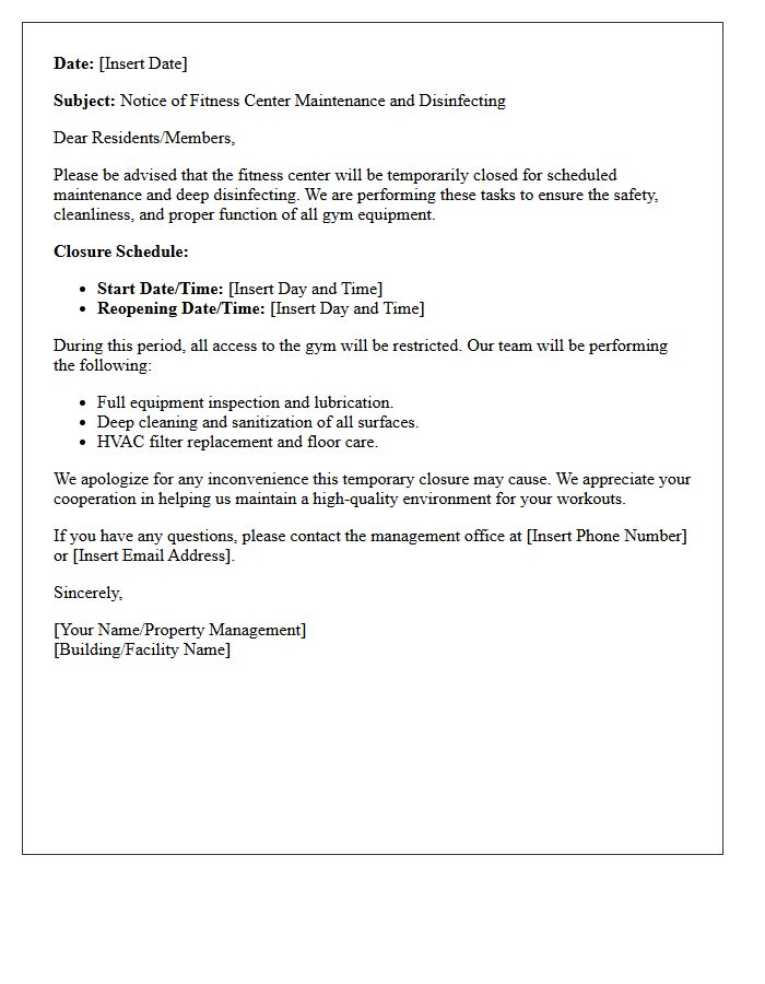Notice of Fitness Center Maintenance and Disinfecting Letter