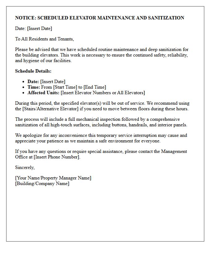 Scheduled Elevator Maintenance and Sanitization Letter