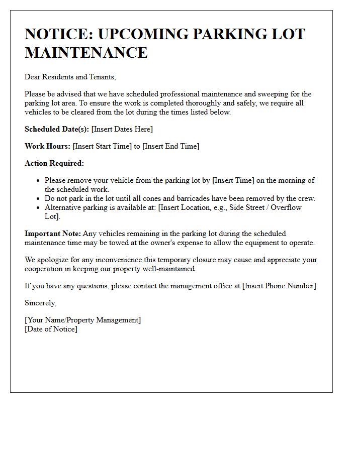 Upcoming Parking Lot Maintenance and Sweeping Letter