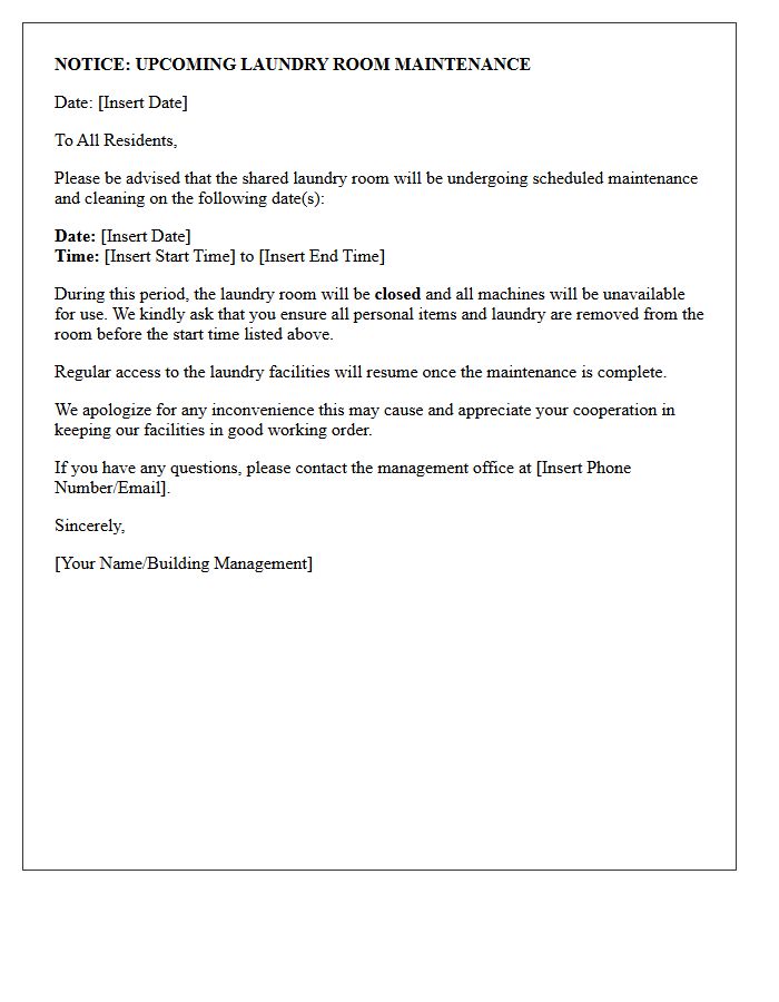 Upcoming Shared Laundry Room Maintenance Letter