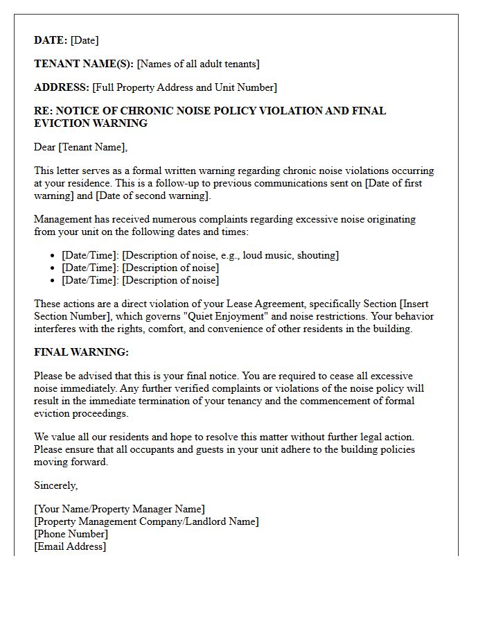 Chronic Noise Policy Violation Eviction Warning Letter