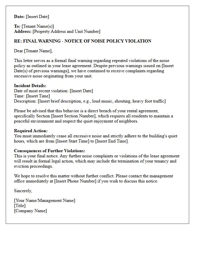 Final Warning Notice of Noise Policy Violation Letter