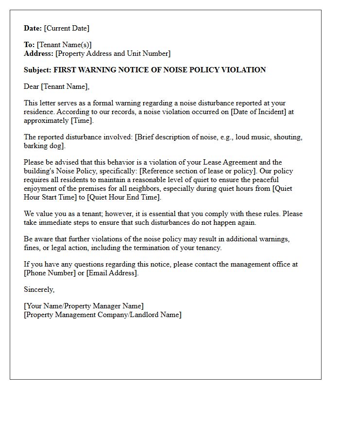 First Warning Notice of Noise Policy Violation Letter
