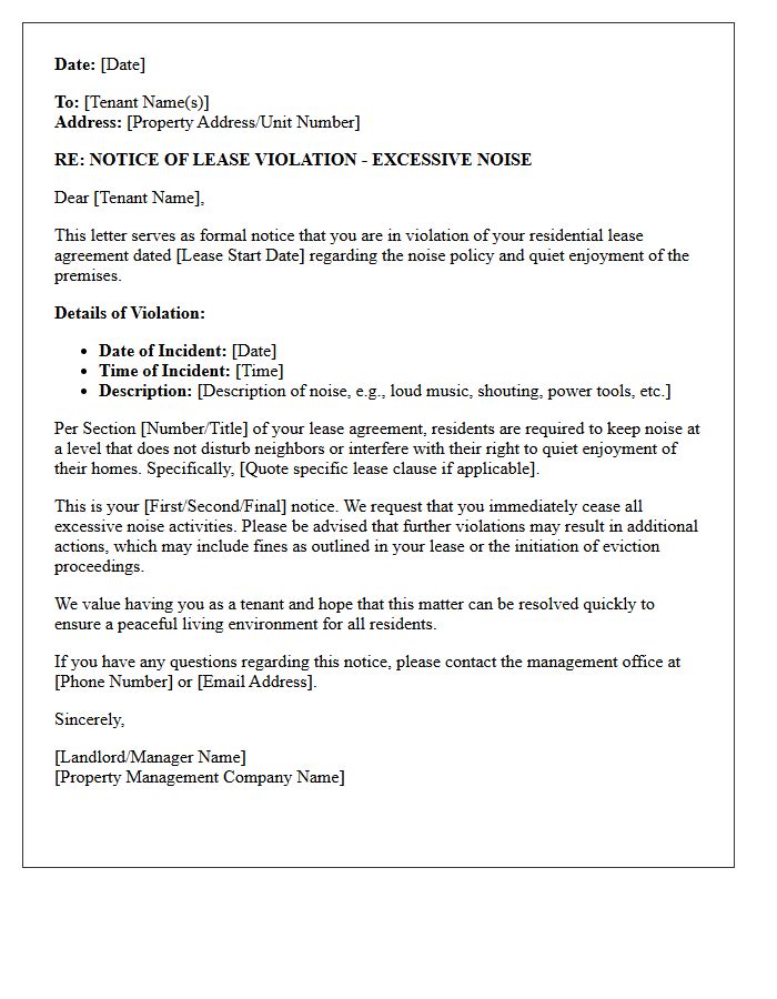 Lease Breach Noise Policy Violation Letter