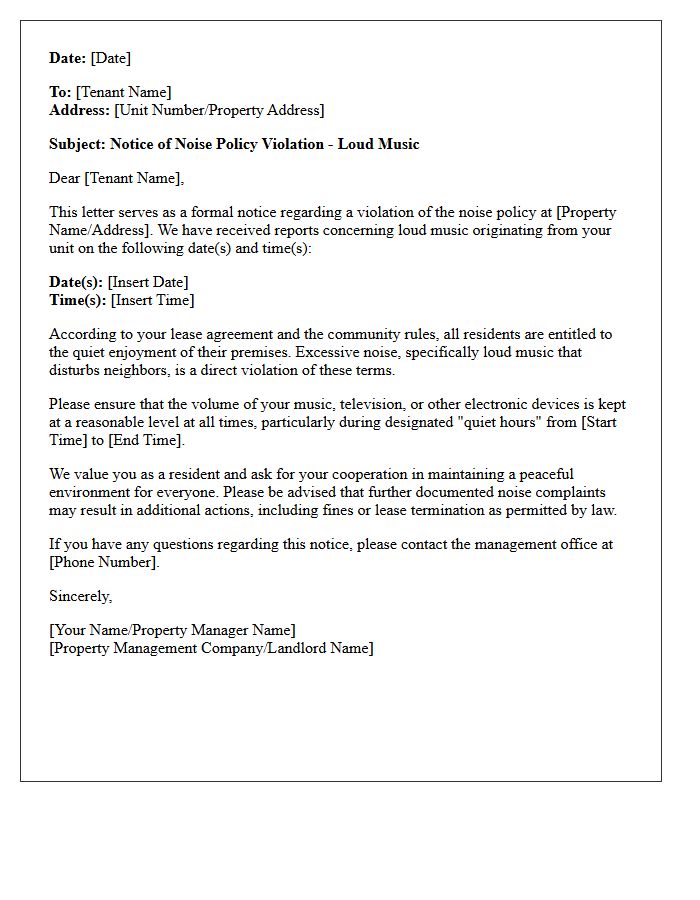 Loud Music Noise Policy Violation Letter