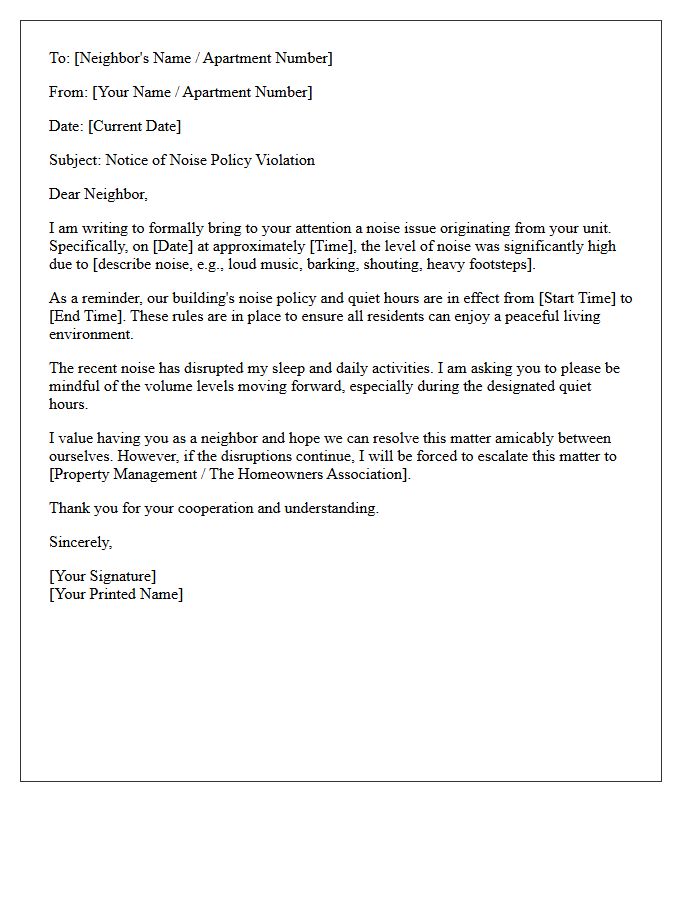 Neighbor Complaint Noise Policy Violation Letter