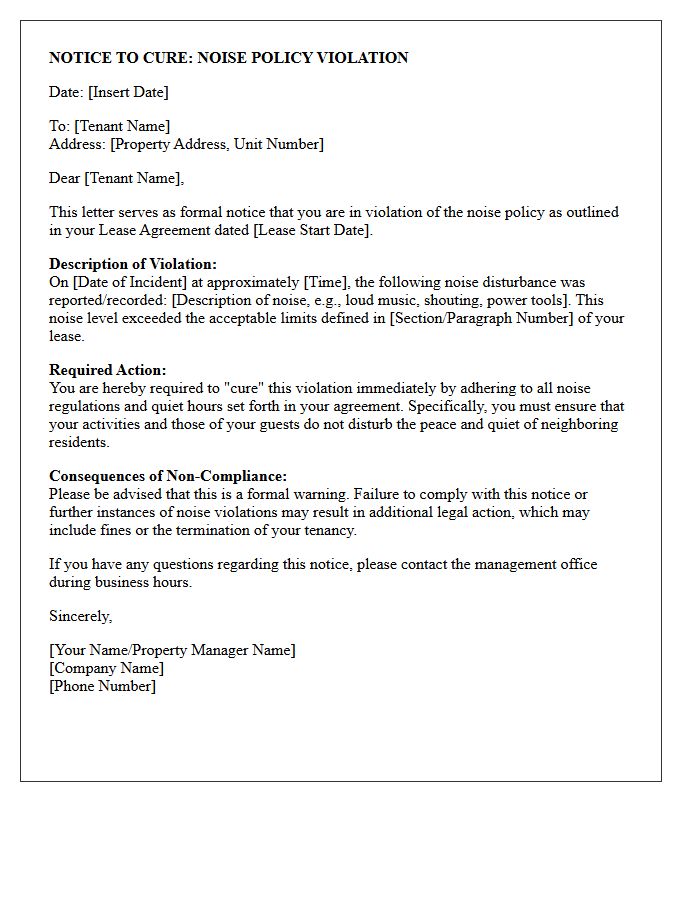 Notice to Cure Noise Policy Violation Letter