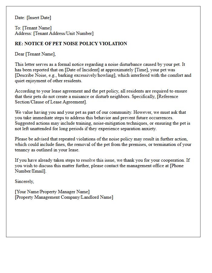 Pet Disturbance Noise Policy Violation Letter