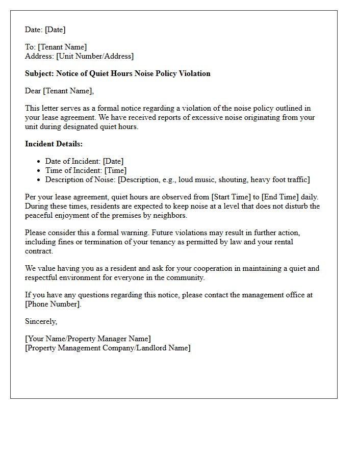 Quiet Hours Noise Policy Violation Letter