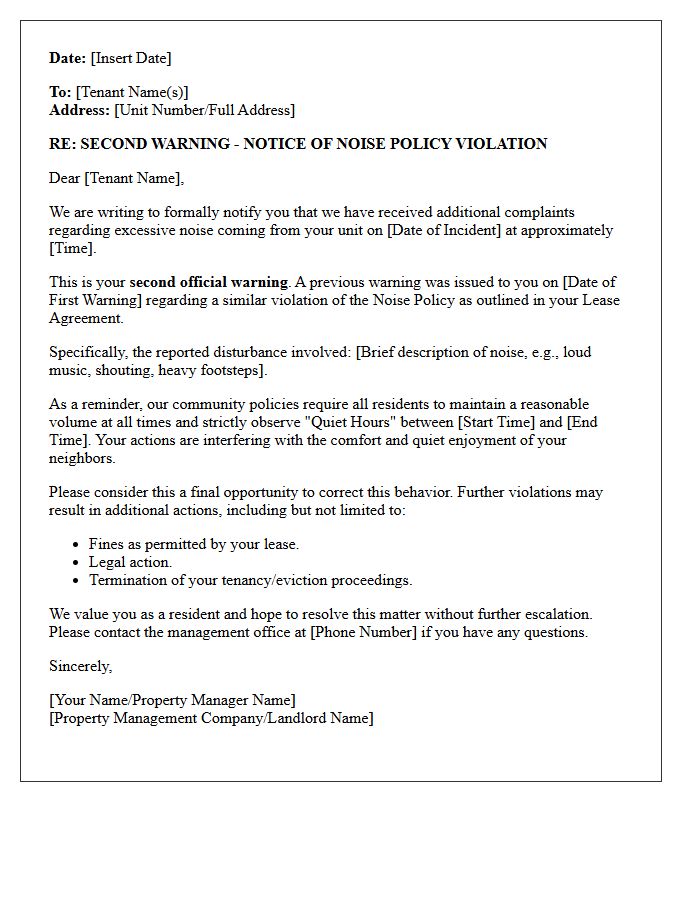 Second Warning Notice of Noise Policy Violation Letter