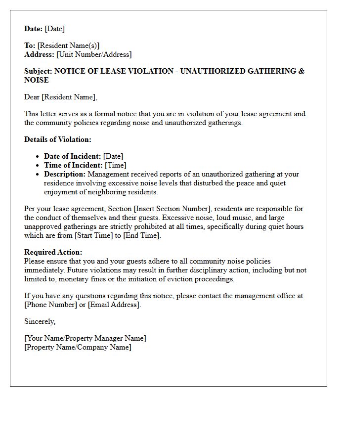 Unauthorized Gathering Noise Policy Violation Letter