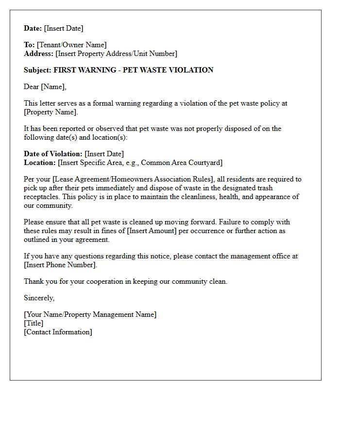 First Warning Pet Waste Violation Letter