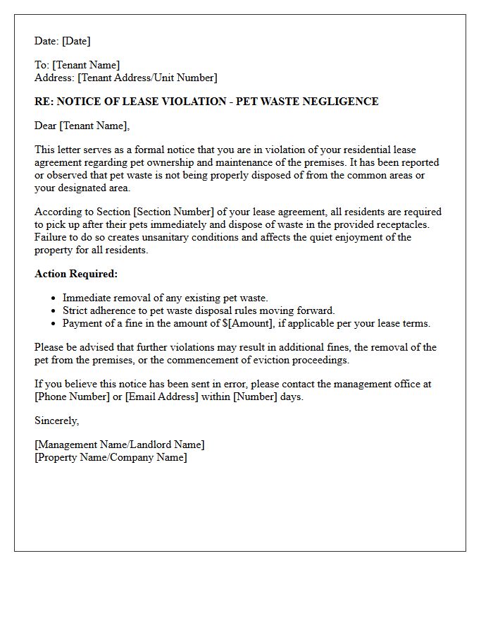 Lease Violation Pet Waste Negligence Letter