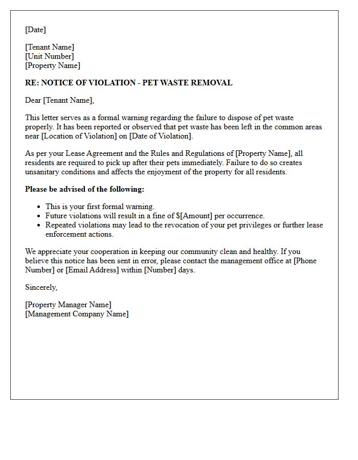 Property Management Pet Waste Fine Warning Letter