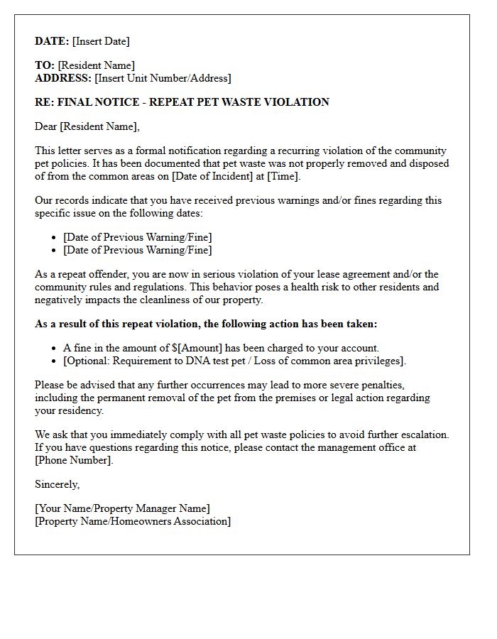 Repeat Offender Pet Waste Violation Letter