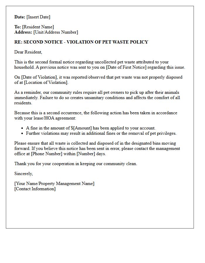 Second Notice Regarding Uncollected Pet Waste Letter