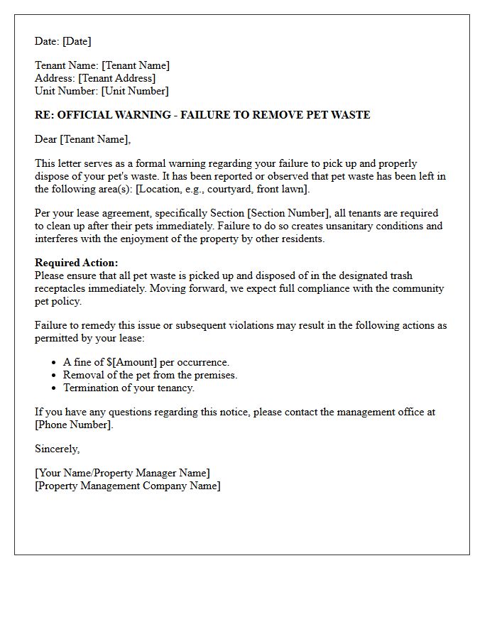 Tenant Warning for Failure to Pick Up Pet Waste Letter