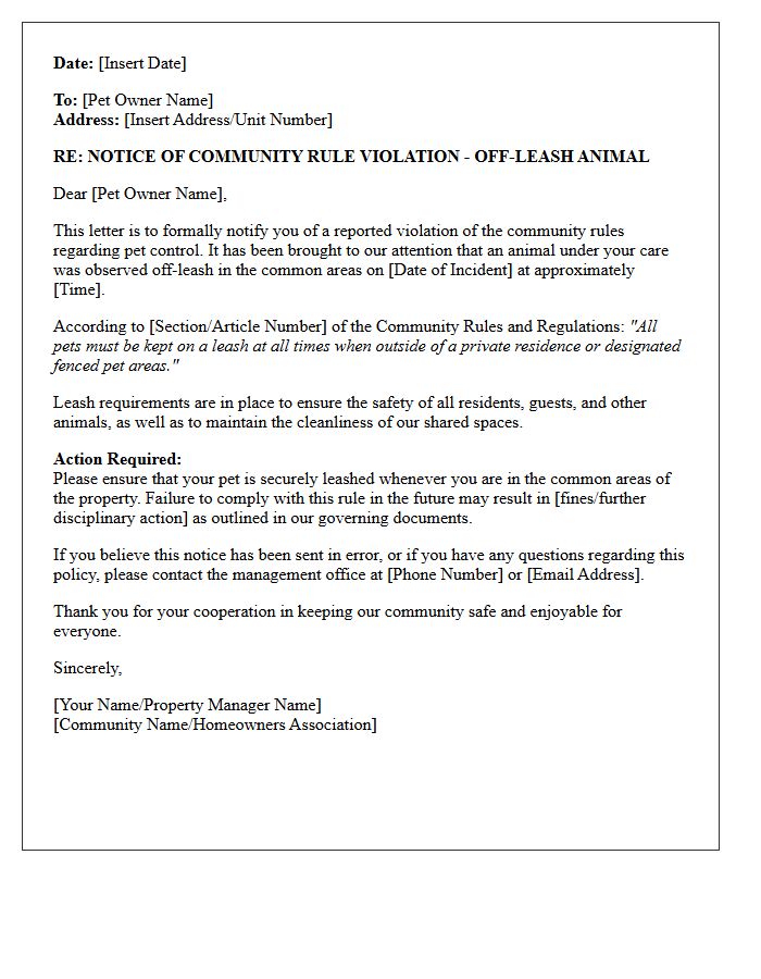 Community Rule Violation Off-Leash Animal Letter