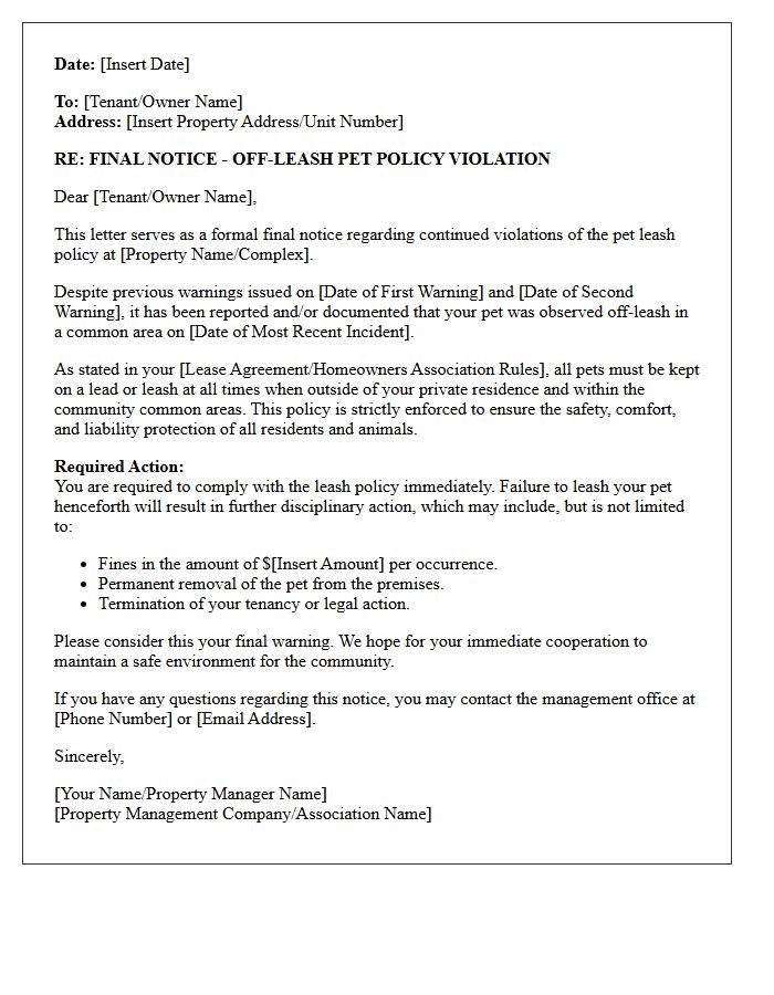 Final Notice Off-Leash Pet Policy Violation Letter