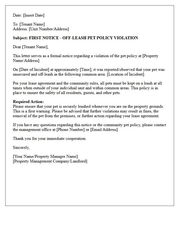 First Notice Off-Leash Pet Policy Violation Letter