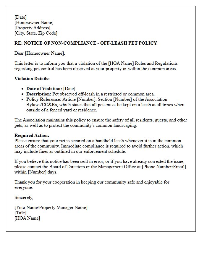 HOA Compliance Off-Leash Pet Policy Letter