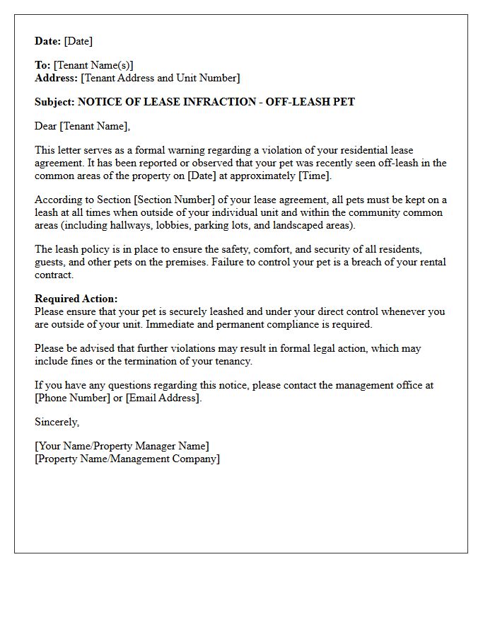 Lease Infraction Off-Leash Pet Warning Letter