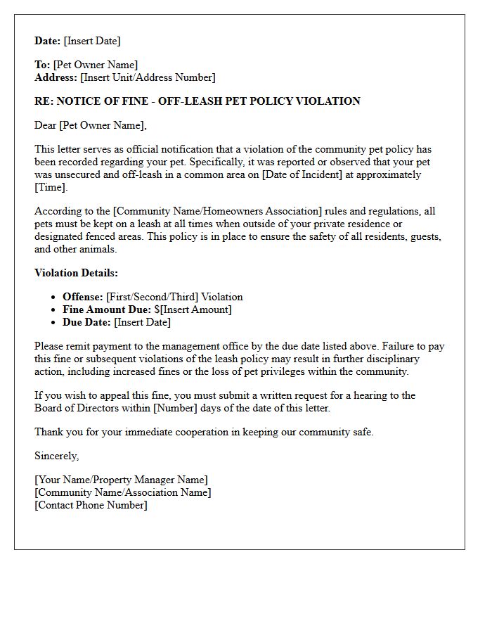 Notice of Fines Off-Leash Pet Policy Letter