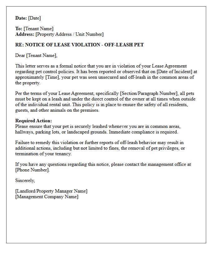 Notice of Lease Violation Off-Leash Pet Letter