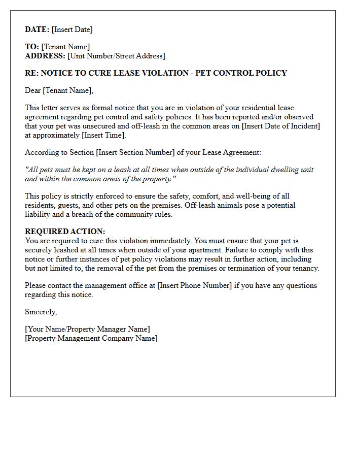 Notice to Cure Off-Leash Pet Violation Letter