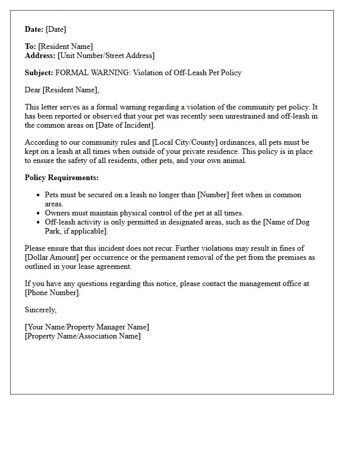 Resident Warning Off-Leash Pet Policy Letter