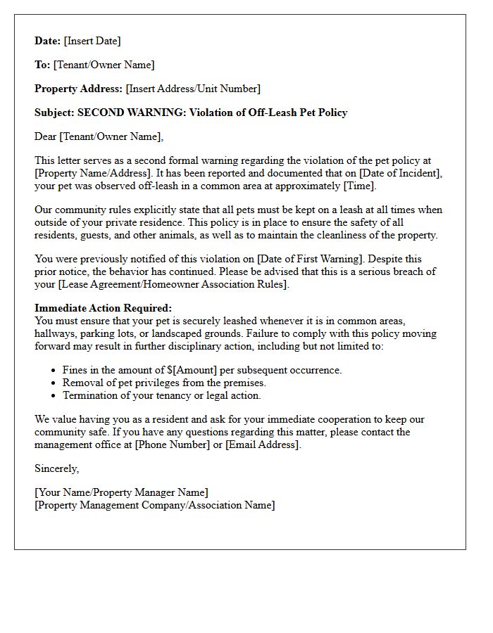 Second Warning Off-Leash Pet Policy Violation Letter